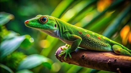 Close-Up Green Gecko on Branch - Long Exposure Nature Photography