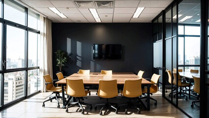 Office meeting room background of boardroom presentation with desk for business discussion corporate meeting corporate seminar suitable for corporate and business theme.