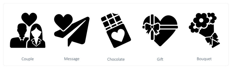 A set of 5 valentine's day icons as  couple, message, chocolate