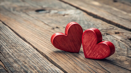Two Red Wooden Interlocking Hearts on Rustic Wood Table &ndash; A Valentine's Day Touch