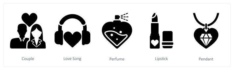A set of 5 valentine's day icons as  couple, love song, perfume