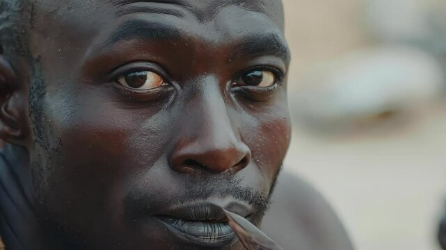 Portrait of an African tribal man wearing traditional accessories, with a confident gaze in a natural outdoor environment, reflecting cultural heritage and authenticity.