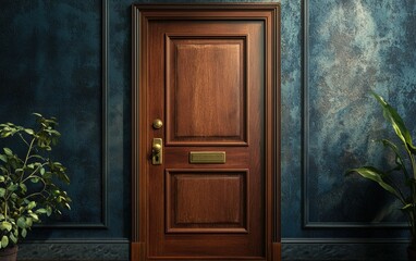 A wooden interior door with a polished finish, showing elegant detailing and a brass doorknob