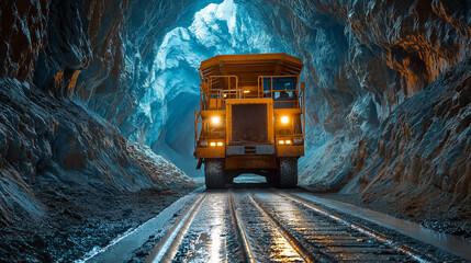 Mining truck with headlights navigating a rugged underground tunnel