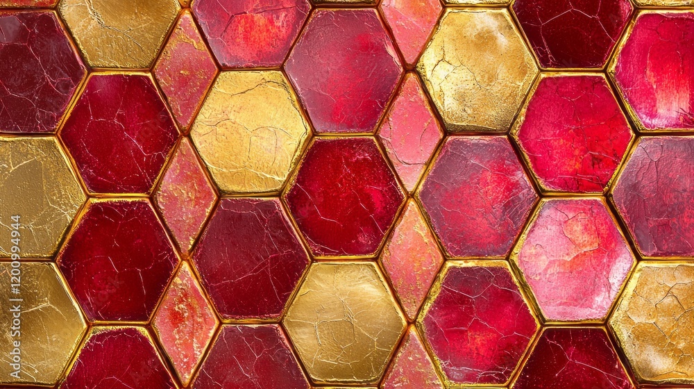 Poster a mesmerizing hexagon pattern shines brightly with glowing neon hues of red and gold