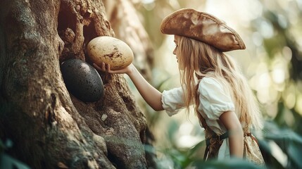 Obraz premium A girl in a peach dress stands on a stone path in a lush garden, surrounded by plants, wooden decorations, and large Easter-style eggs