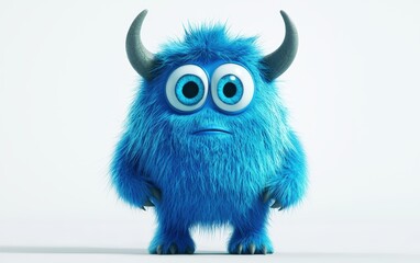 Fototapeta premium funny Fluffy bright monster with horns and big blue eyes, cartoon charachter standing on a bright white background