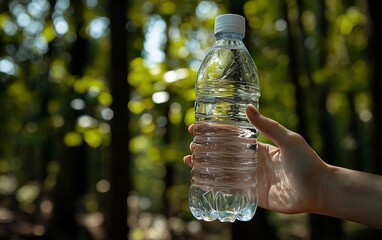 Hand holding plastic water bottle in forest.