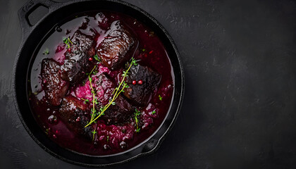 Meat Stew. Beef stewed in red wine sauce, top view, copy space. Roasted or braised beef meat. Slow cooked meat in cast iron pan