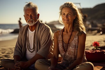 Fototapeta premium Senior couple meditating on the beach during sunset
