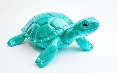 Fototapeta premium A vivid turquoise balloon turtle sculpture, crawling on a clean white surface