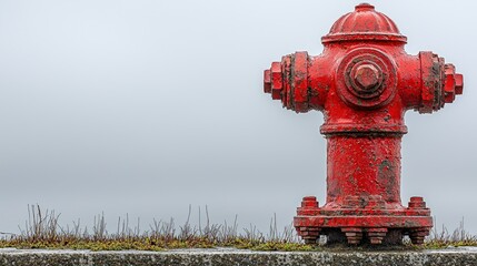 Fototapeta premium Foggy day, red fire hydrant, coastal curb, safety