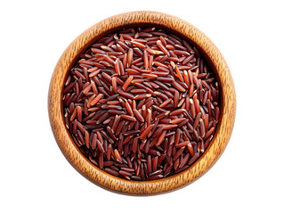 Extreme top view of hyperrealistic uncooked red rice in a wooden bowl isolated on a white transparent background