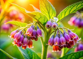 Close-up of Common Comfrey Flowers, Medicinal Herb, Selective Focus