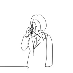 businesswoman talking on the phone - one line art vector. concept woman with bob haircut in tie and jacket holding phone to ear