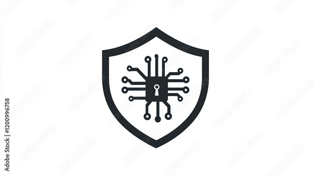 Poster cyber security and protection key icon. vector emblem with microcircuit in circle. hacker attack and
