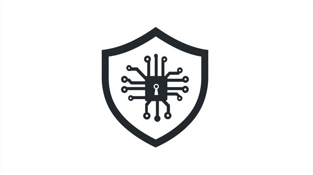 Cyber security and protection key icon. Vector emblem with microcircuit in circle. Hacker attack and data assault prevention. Information safety in internet design element isolated on white background