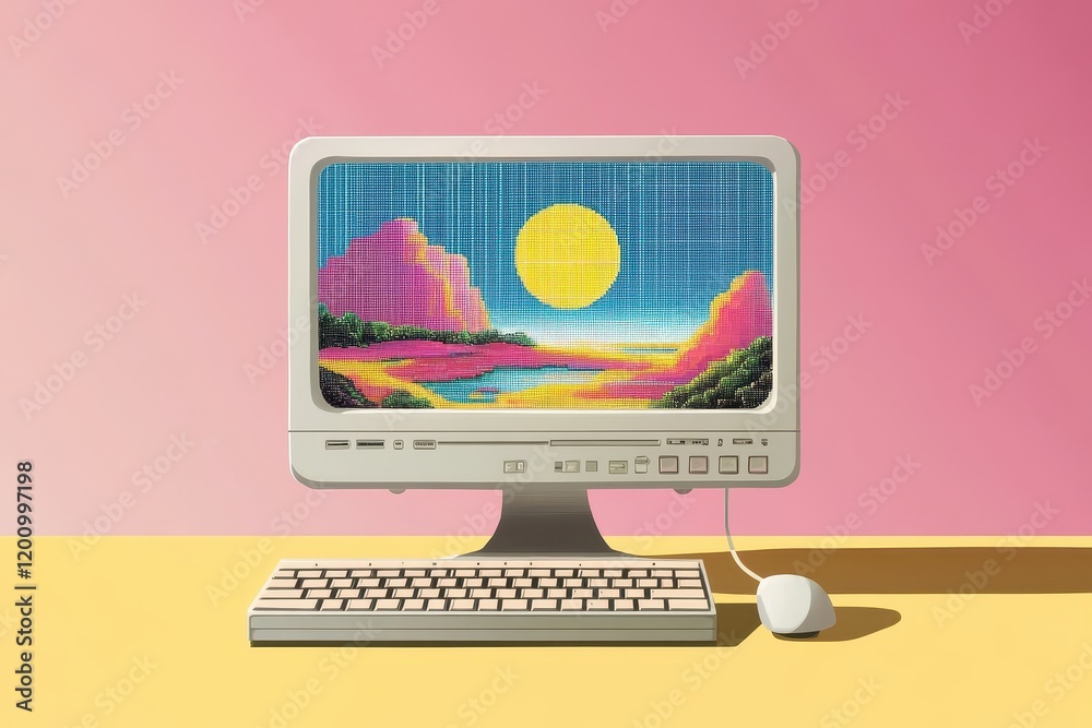 Fototapete Retro Computer Displaying Pixelated Landscape