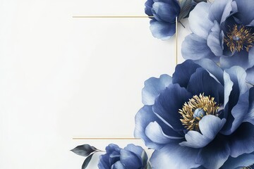 A modern composition with abstract blue peony illustrations framing a clean golden square outline.