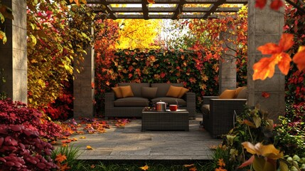 Autumn patio garden relaxation, fall leaves, pergola, cozy