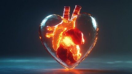 A glowing glass heart anatomical illustration with detailed internal structures illuminated by soft light