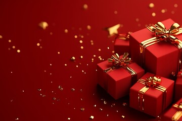Festive red gift boxes with golden ribbons on a vibrant red background for celebration