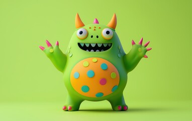 Fototapeta premium Playful green and orange 3D monster with a visible belly button, round tummy, and rainbow polka dots, placed on a pastel lime background