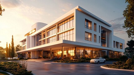 Fototapeta premium Modern white building at sunset with car.