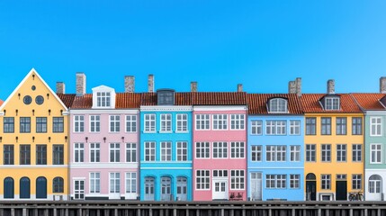 Fototapeta premium Colorful waterfront buildings with a clear blue sky backdrop.