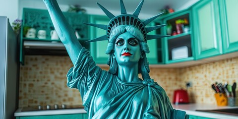 woman dressed as lady liberty in kitchen