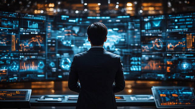 a man in a suit looking at a wall of monitors