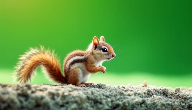 Adorable closeup of a chipmunk in its natural habitat with a vibrant green background