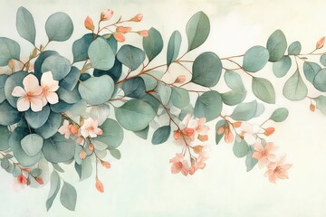 A natural-themed floral border with soft watercolor textures of eucalyptus leaves and jasmine blossoms.