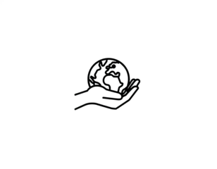 Black line art drawing of hand holding globe on transparent background