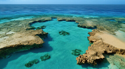 Aerial photograph of picturesque coastline with clear turquoise water, rocky formations, and vibrant marine life