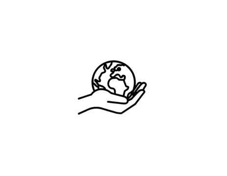 Black line art drawing of hand holding globe on transparent background - Powered by Adobe