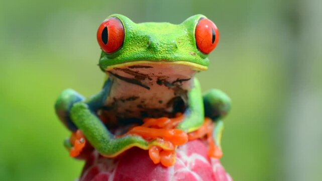 Red-eyed tree Frog, starring at the camera and jumping out of the frame in Costa Rica