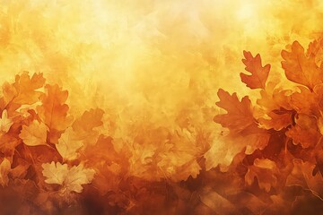 A nature-inspired background featuring oak leaves in rich shades of yellow and orange, with faint sun rays peeking through.