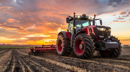 A Modern High-Performance Tractor Powering through a Ploughing Task at Sunset in a Scenic Rural Landscape