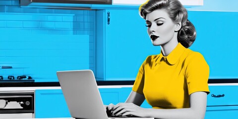 modern retro housewife typing on laptop 