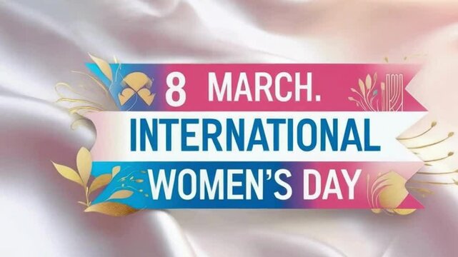 International Women's Day 8 March Banner Design, Elegant Silk Background, Gold Floral Elements