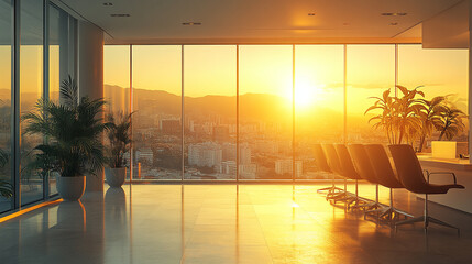 Golden Sunset Cityscape View Modern Office Space room calm urban light