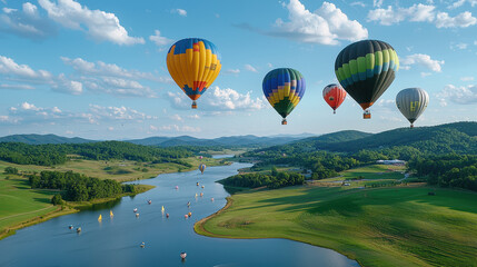 Obraz premium Breathtaking view of colorful hot air balloons over serene lake landscape, showcasing nature beauty and adventure