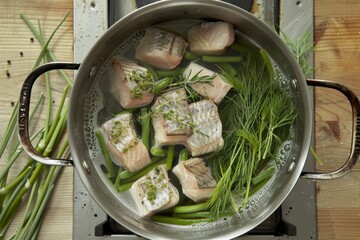 A pot of warm fish soup with fresh herbs.