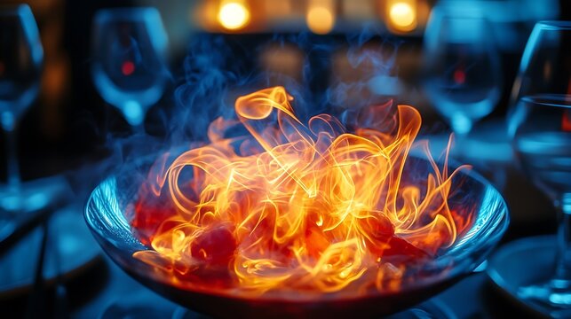 Swirling flame light pattern with glowing orange and red highlights creating dynamic visual interest