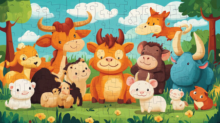 New Year crossword game for kids with Chinese zodiac animals. Children logical rebus, child educational playing activity. Tiger, bull and rat, pig, monkey and goat, hare, dog and dragon cartoon vector