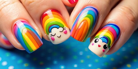 Obraz premium Colorful Rainbow Nail Art with Cute Characters - Stock Photo