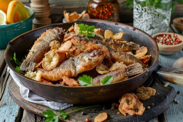 Delicious fried fish  crispy fish pieces in a pan with cracklings