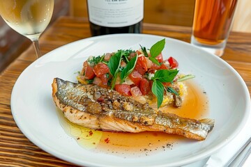 Served on a plate   a beautifully presented portion of fish with vegetables and sauce.