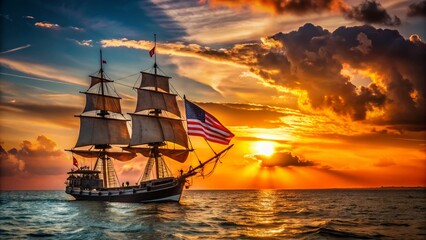 Obraz premium Columbus Day Background: Long Exposure Ship Silhouette, American Flag, Water, Copy Space